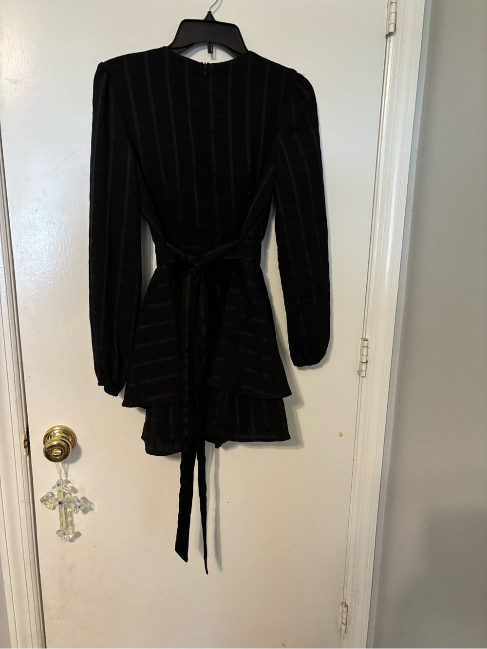 Black Long-Sleeve Wrap Mini Dress with Tie Waist - Picture 1 of 9